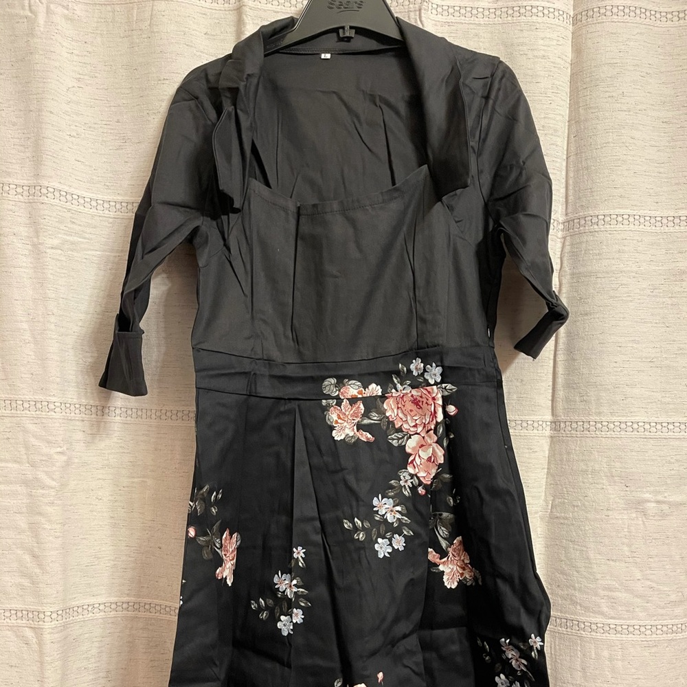 NWOT tea dress black with pink flowers small cute